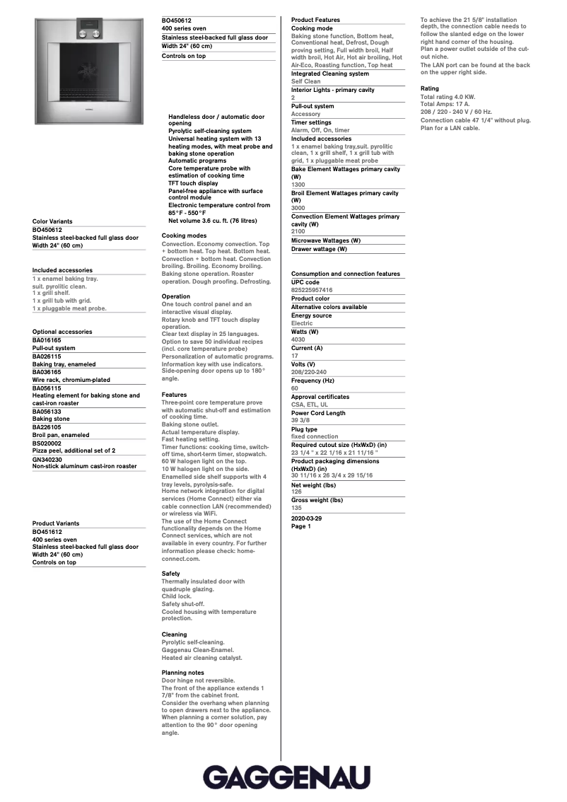 Página 1 del manual Ficha técnica Gaggenau BO450612
