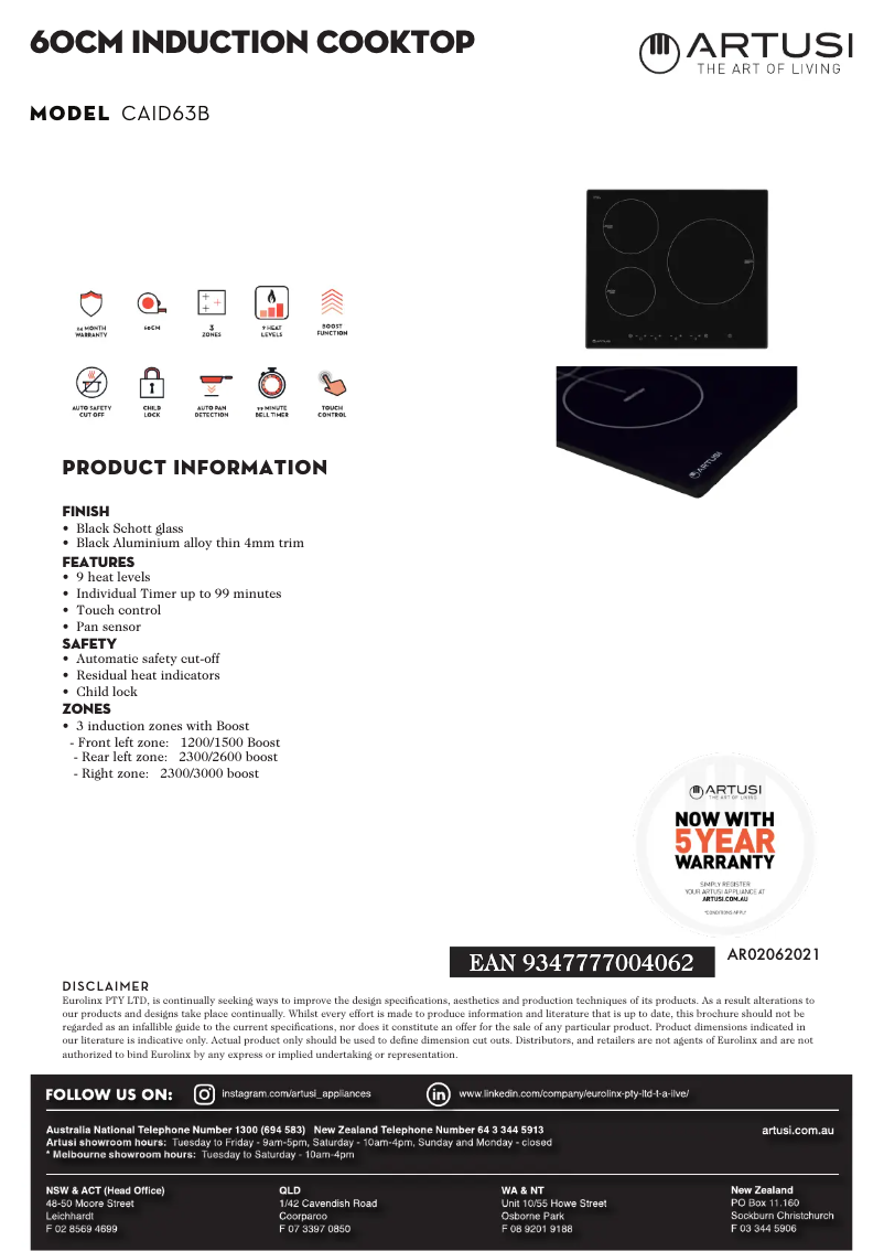 Page 1 de la notice Fiche technique Artusi CAID63B