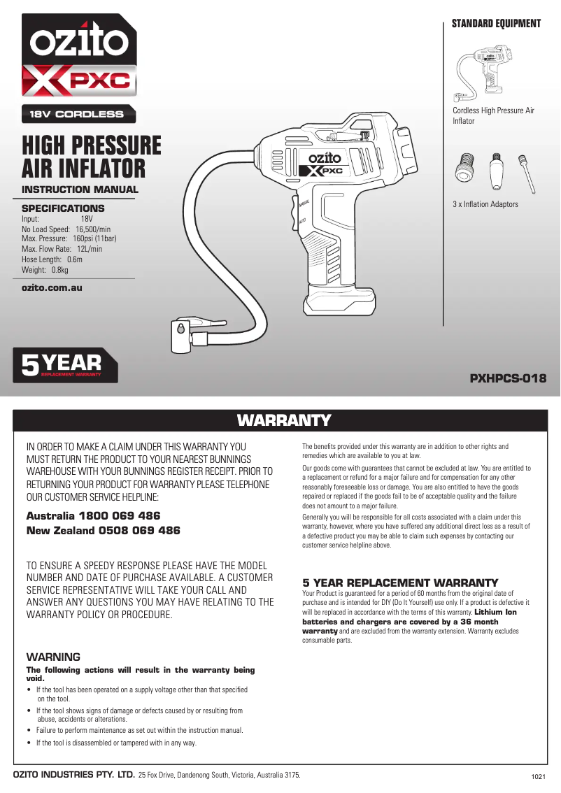 Página 1 del manual Manual de usuario Ozito PXHPCK-250