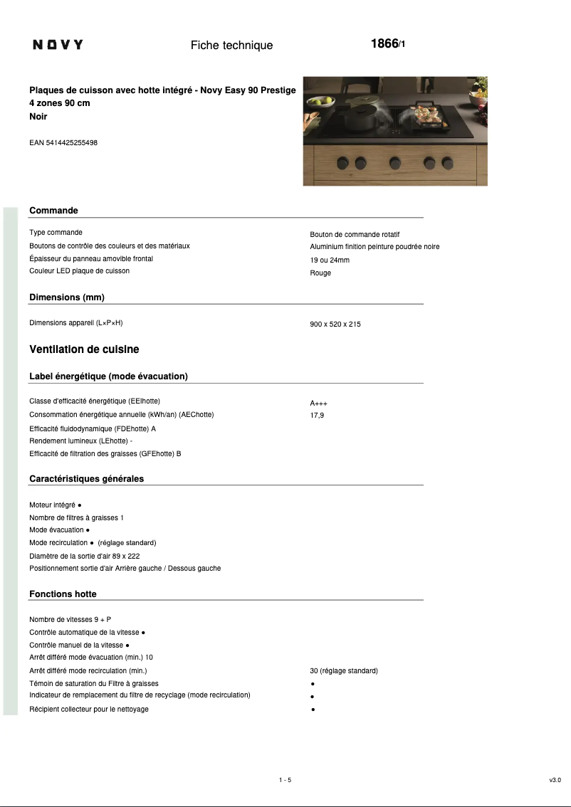 Page 1 de la notice Fiche technique Novy Easy Pro Prestige 1866