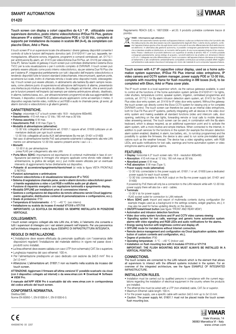 Page 1 de la notice Instructions / montage Vimar 01420.BN