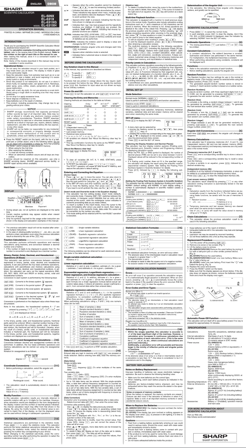 Page n°1 - Manuel utilisateur Sharp EL-531XBVL