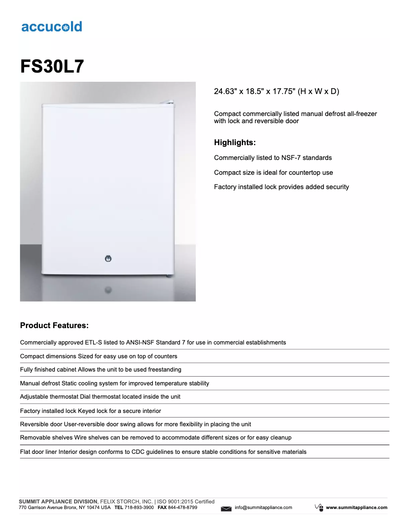 Image de la première page du manuel de l'appareil Accucold FS30L7