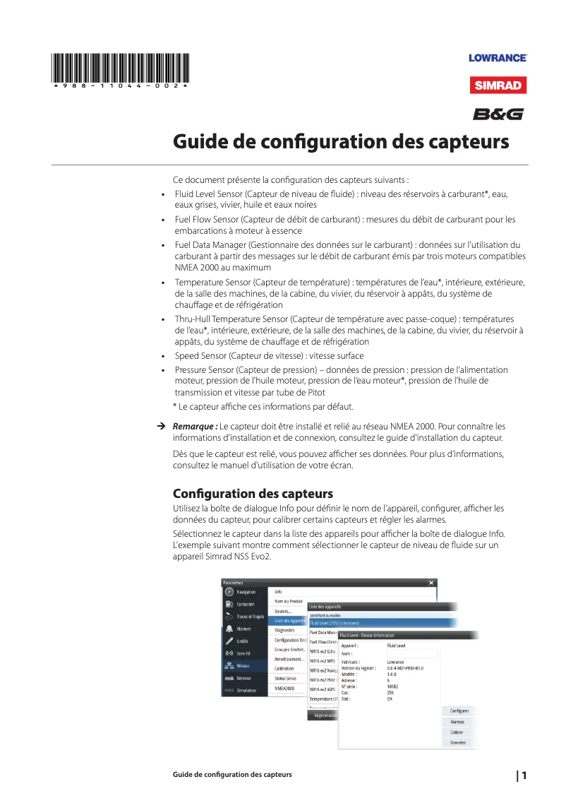 Page n°1 - Manuel utilisateur Simrad Sensor
