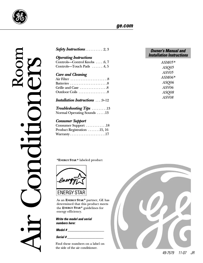 Page n°1 - Manuel d'utilisation et d'entretien GE ASQ06LL