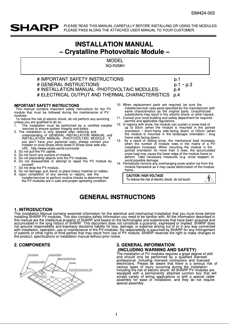 Page 1 de la notice Manuel utilisateur Sharp NQ-R258H