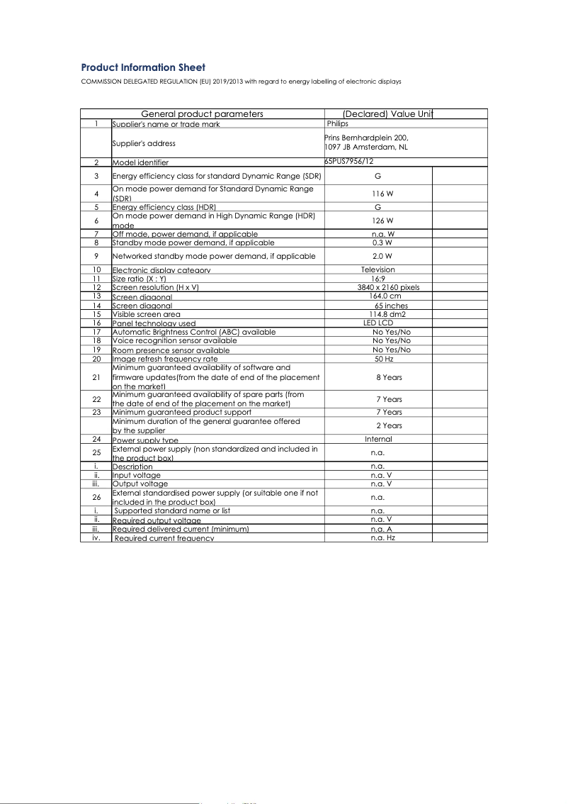 Page n°1 - Fiche technique Philips 65PUS7956