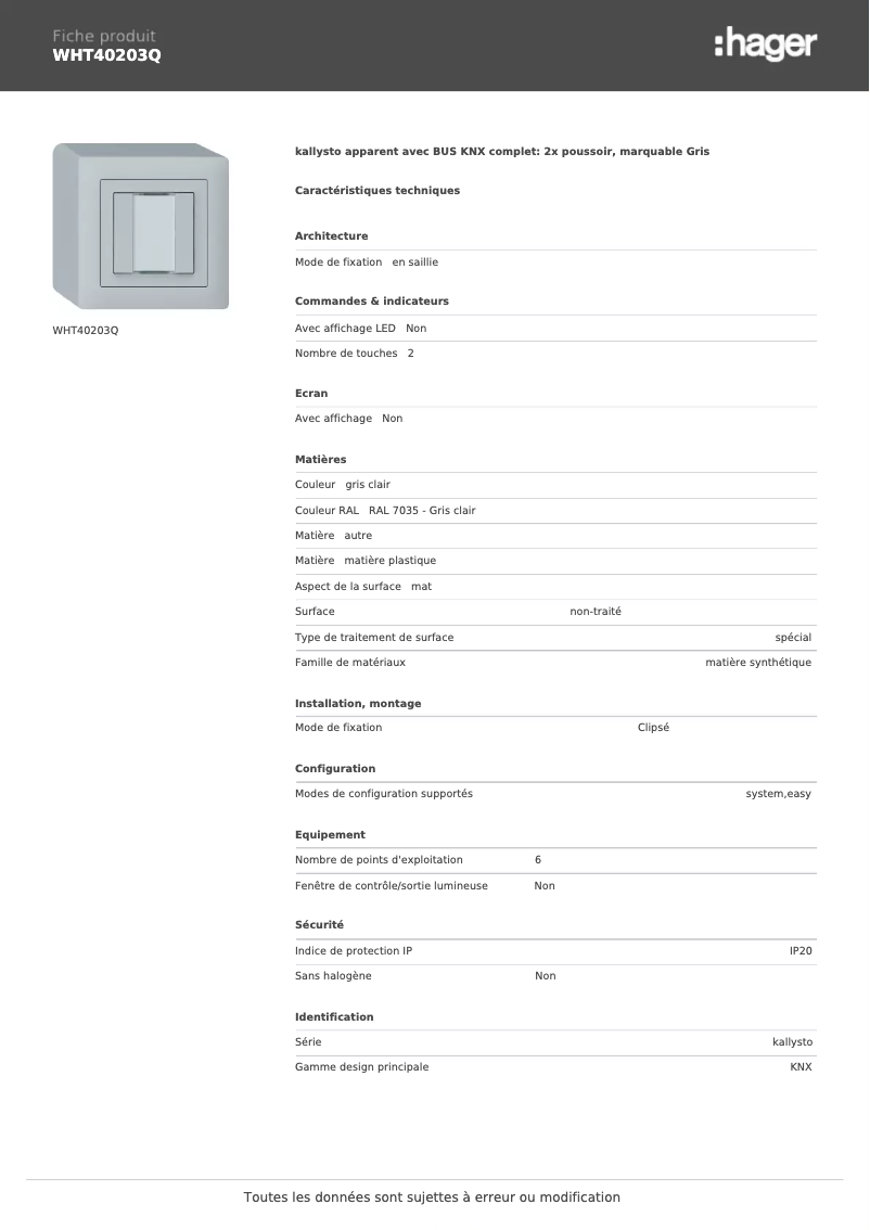 Page n°1 - Fiche technique Hager WHT40203Q
