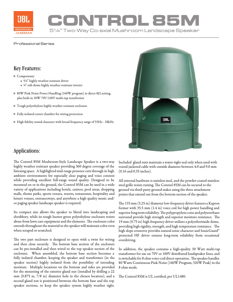 Page n°1 - Fiche technique JBL Control 85M