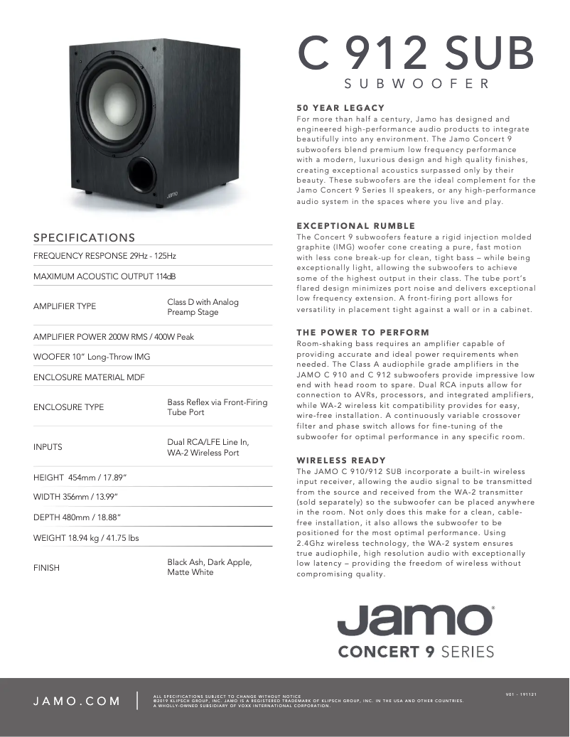 Page 1 de la notice Fiche technique Jamo C 912 SUB