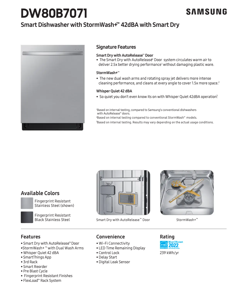 Page 1 de la notice Fiche technique Samsung DW80B7071UG