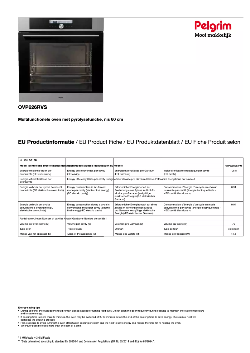 Page 1 de la notice Fiche technique Pelgrim OVP626