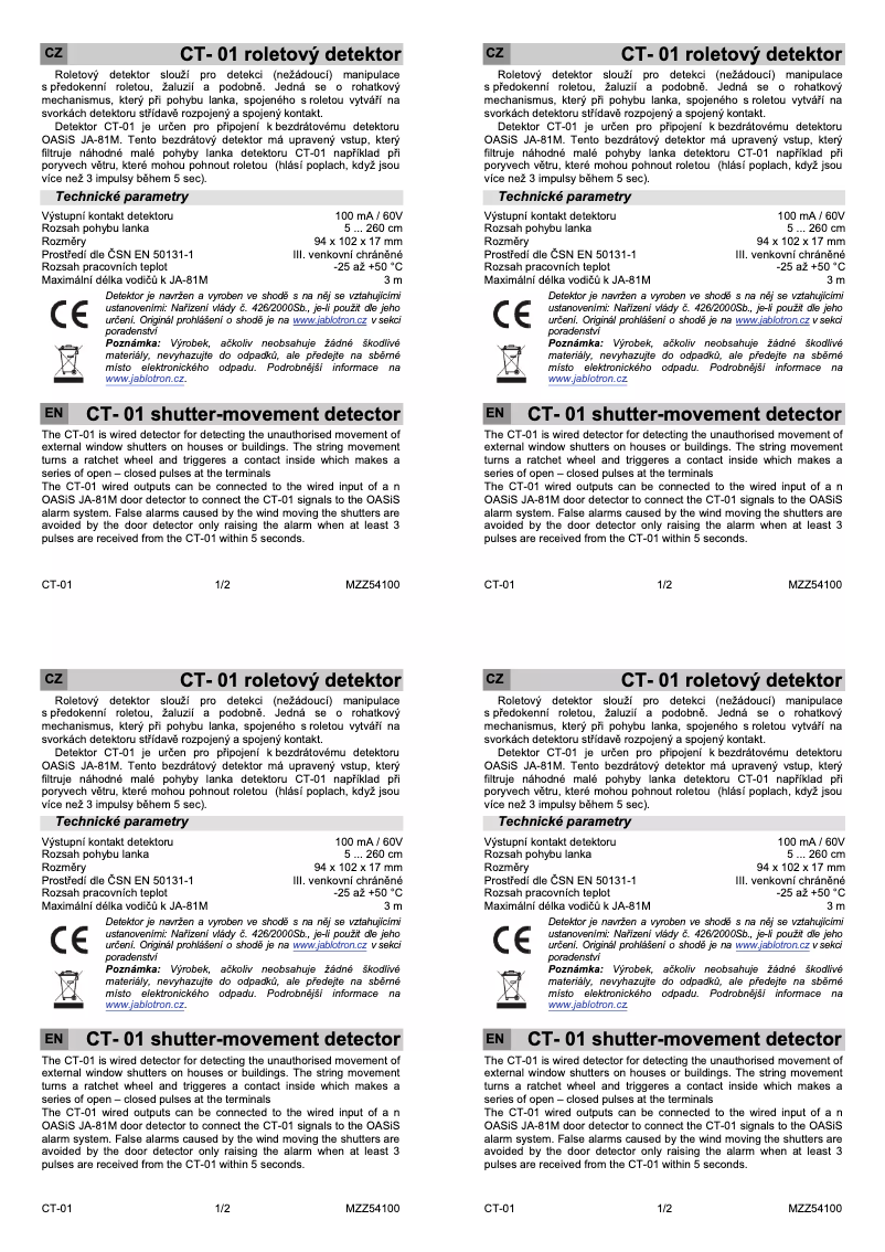 Page 1 de la notice Manuel utilisateur Joblotron CT- 01