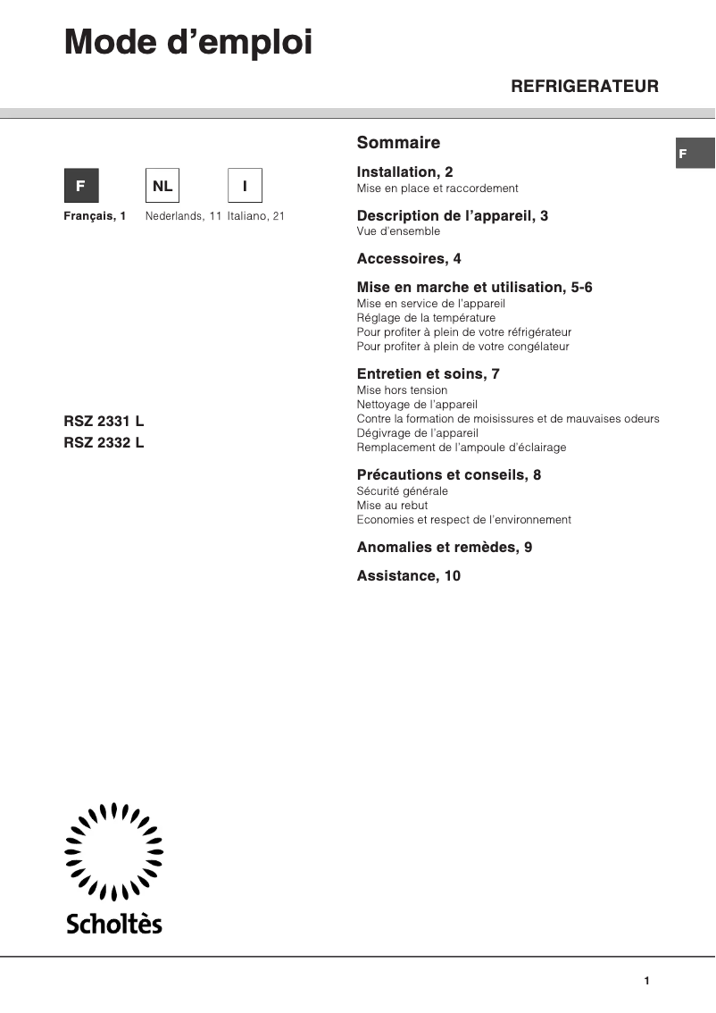 Image de la première page du manuel de l'appareil RSZ 2332 L
