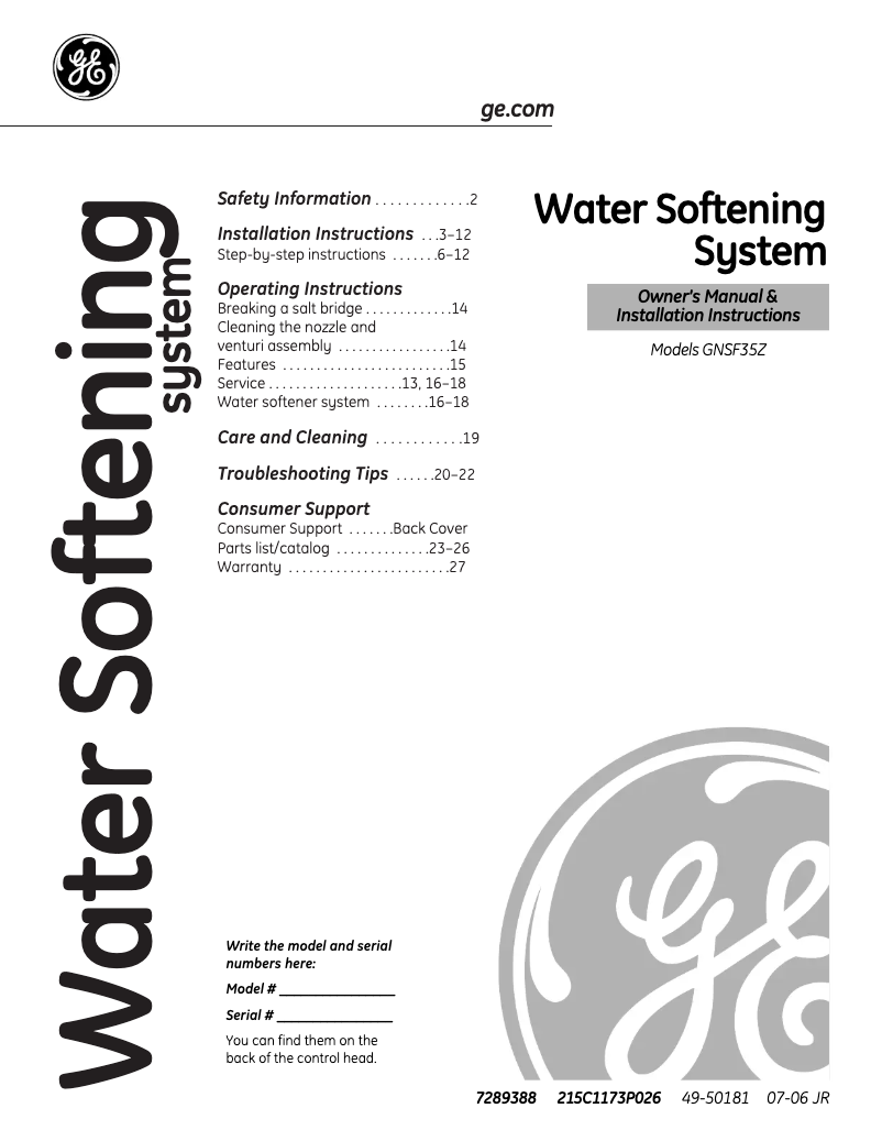 Page n°1 - Manuel d'utilisation et d'entretien GE GNSF35Z