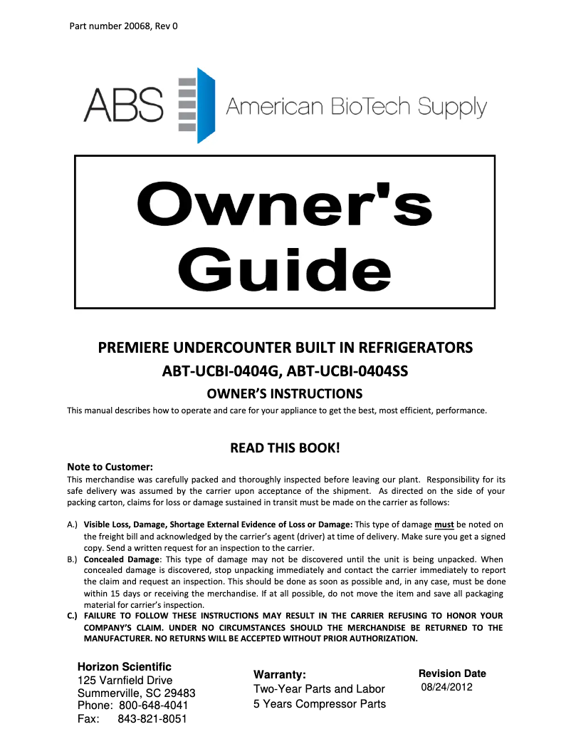 Page 1 de la notice Manuel d'utilisation et d'entretien American BioTech Supply PH-ABT-HC-UCBI-0404G