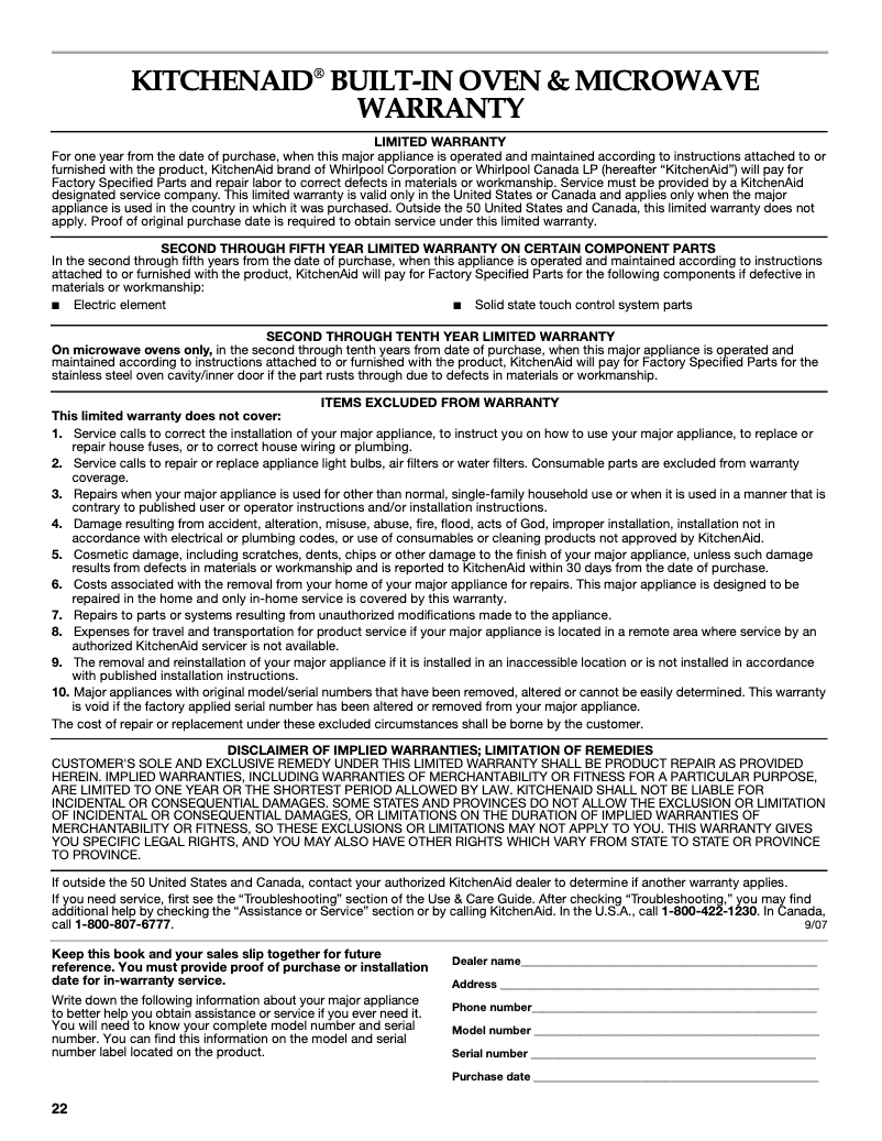 Page n°1 - Informations de garantie KitchenAid Architect KEMS308SSS