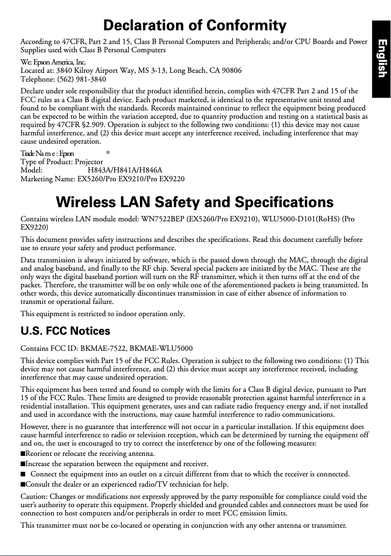 Page 1 de la notice Informations de garantie Epson Pro EX9220