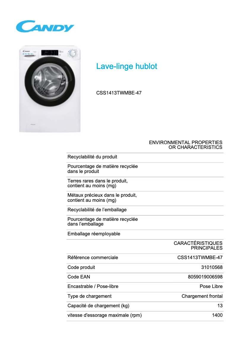 Page 1 de la notice Fiche technique Candy CSS1413TWMBE-47