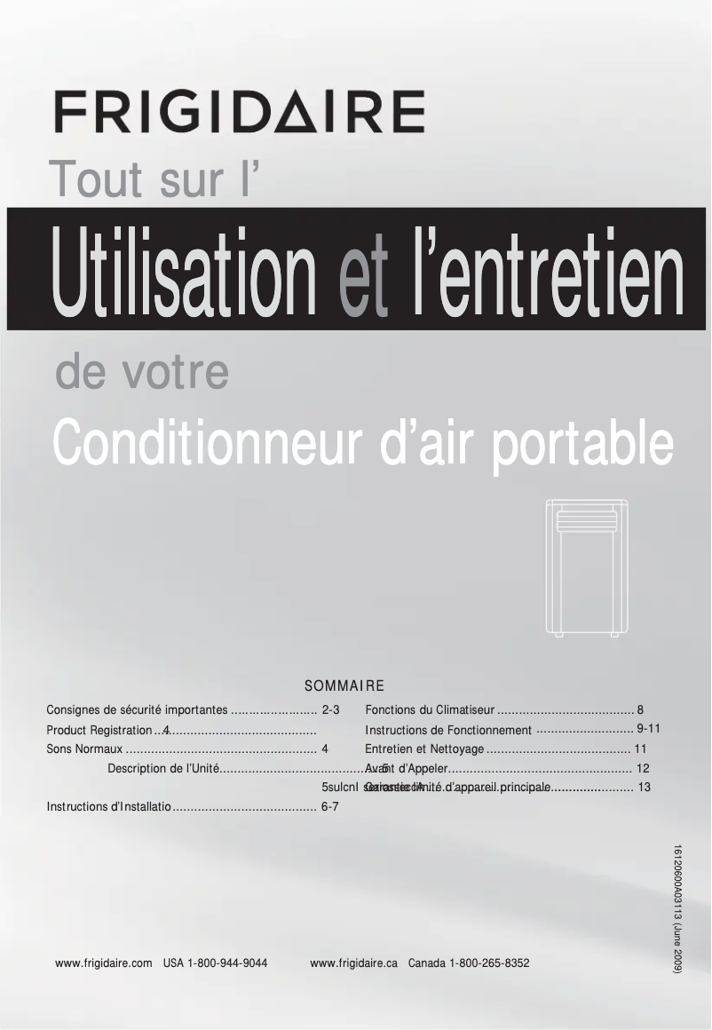 Page 1 de la notice Manuel utilisateur Frigidaire FFPA0822R1