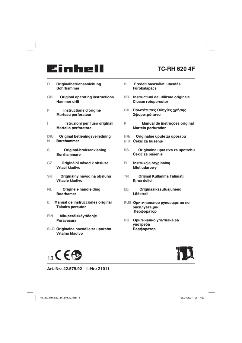 Page 1 de la notice Manuel utilisateur Einhell TC-RH 620 4F