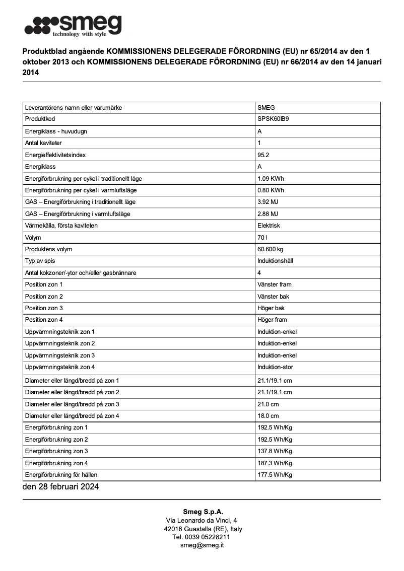 Page 1 de la notice Fiche technique Smeg SPSK60IB9