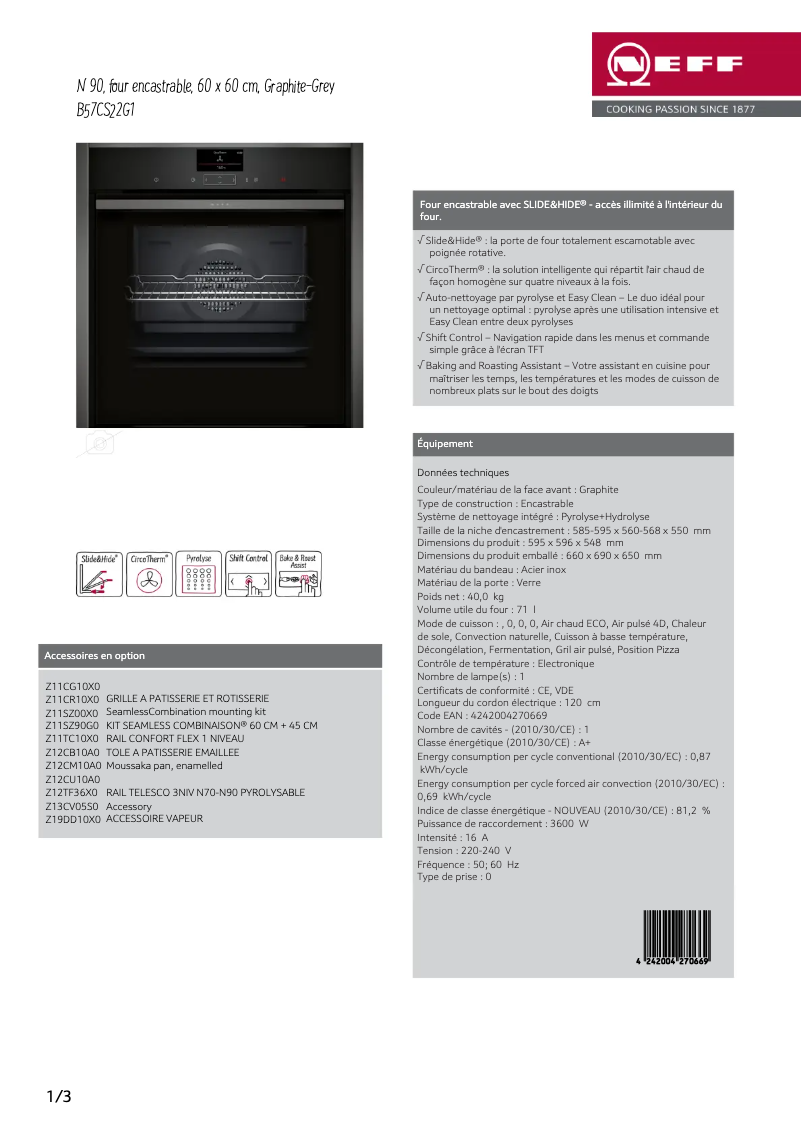 Page 1 de la notice Fiche technique Neff B57CS22G1