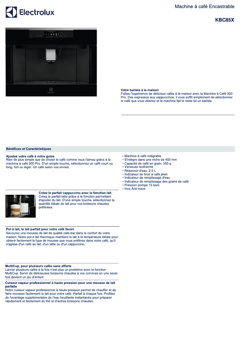 Page n°1 - Fiche technique Electrolux KBC85X