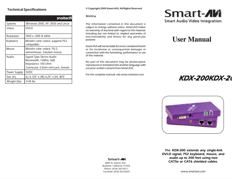 Page n°1 - Manuel utilisateur Smart-AVI KDX-TX200S
