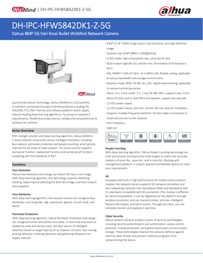 Page 1 de la notice Fiche technique Dahua Technology IPC-HFW5842DK1-Z-5G