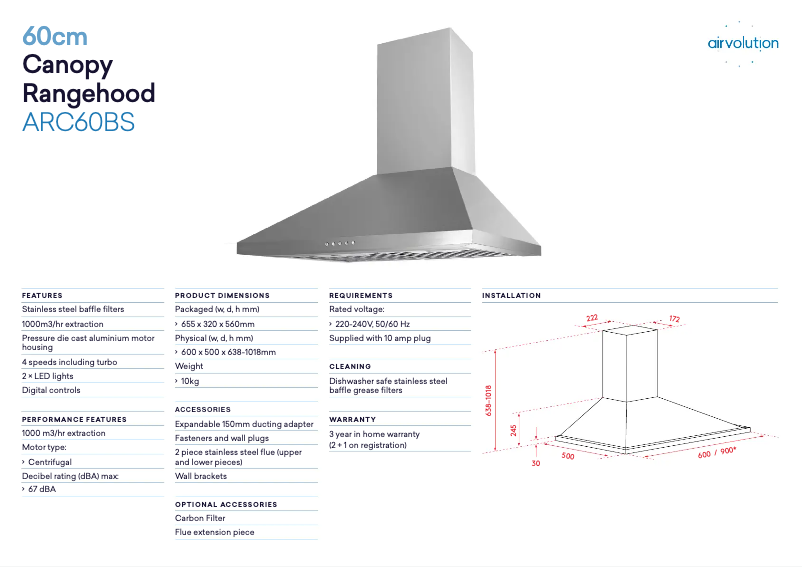 Page 1 de la notice Fiche technique Airvolution ARC60BS