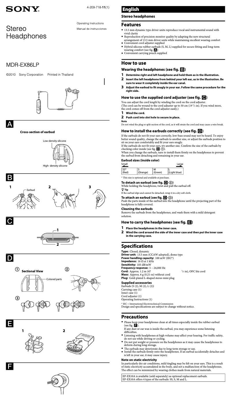 Image de la première page du manuel de l'appareil MDR-EX86LP