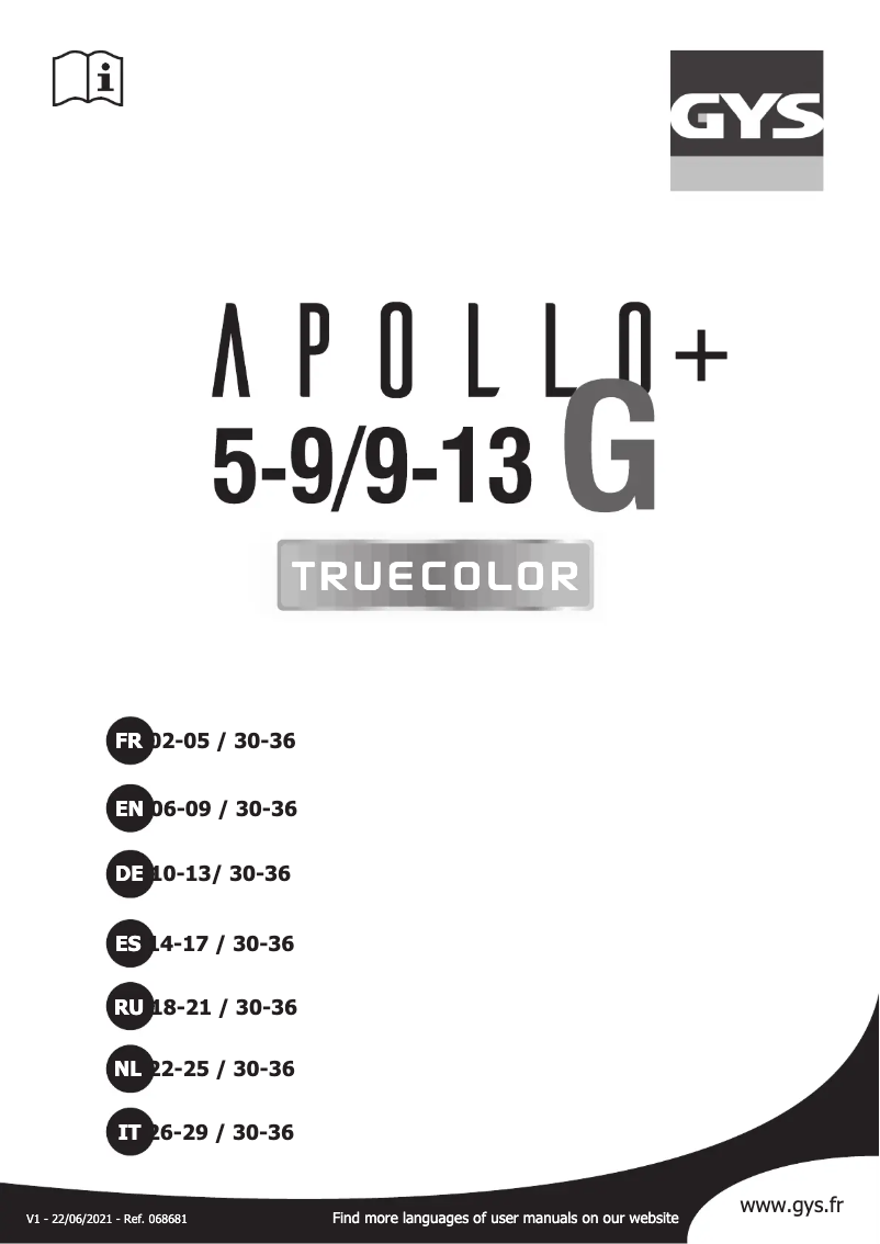 Page 1 de la notice Manuel utilisateur GYS LCD Apollo+ 5/9-9/13 G