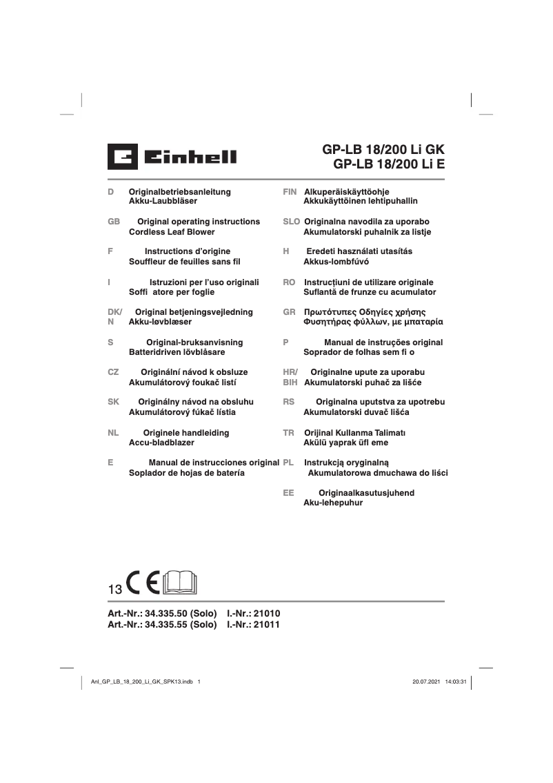 Page 1 de la notice Manuel utilisateur Einhell GP-LB 18/200 Li E