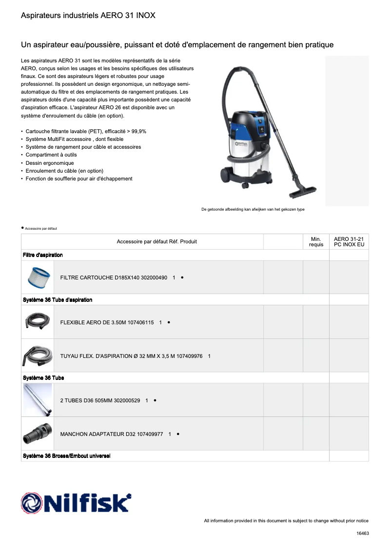Página 1 del manual Ficha técnica Nilfisk Aero 31