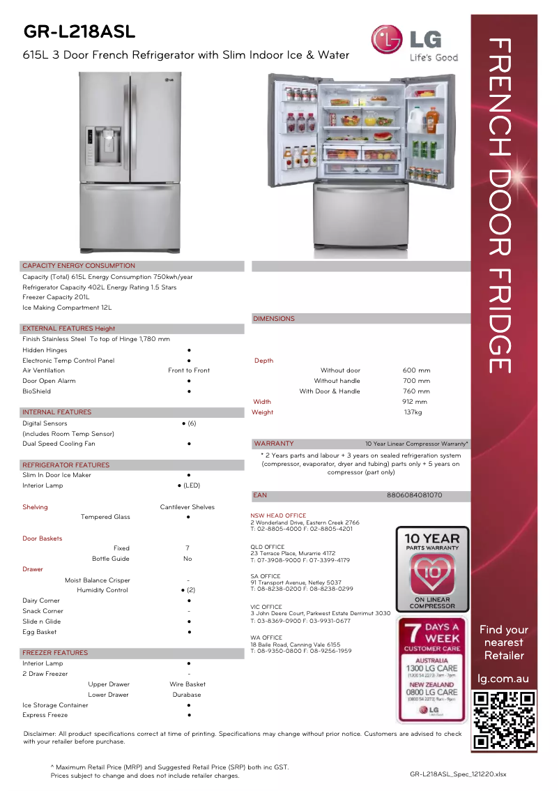 Page 1 de la notice Fiche technique LG GR-L218ASL