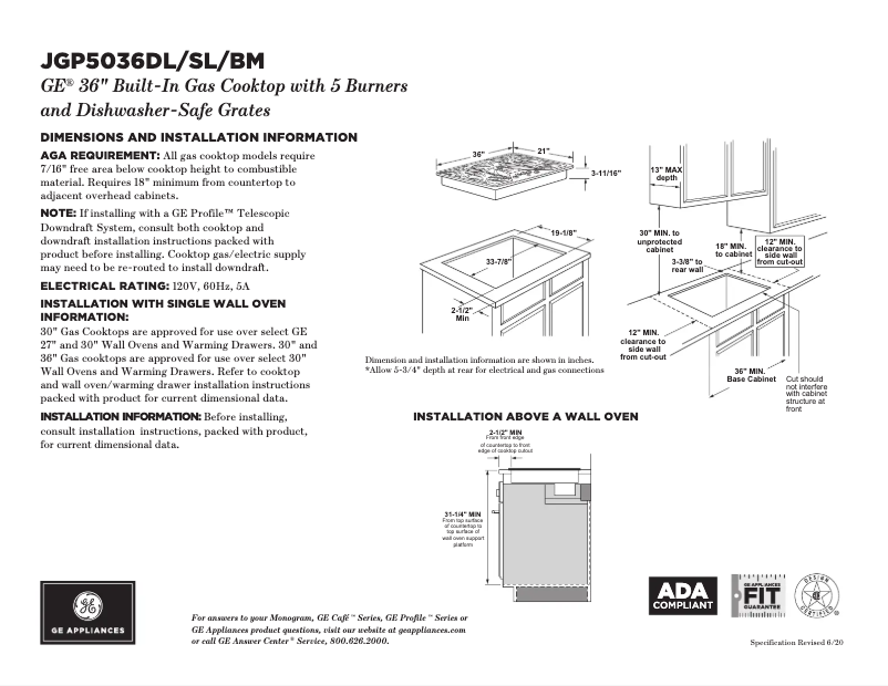 Page 1 of the manual Technical Sheet GE JGP5036DLBB