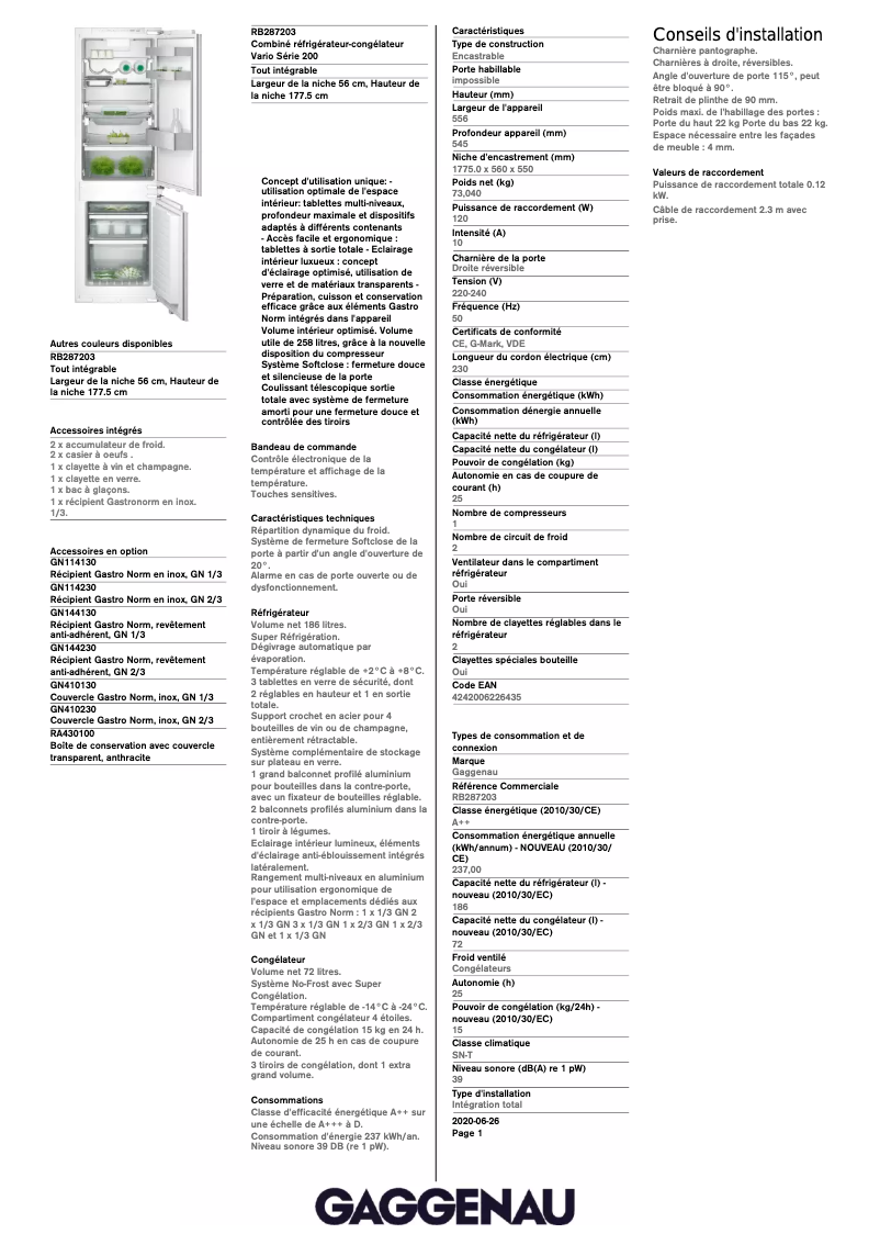 Página 1 del manual Ficha técnica Gaggenau RB287203