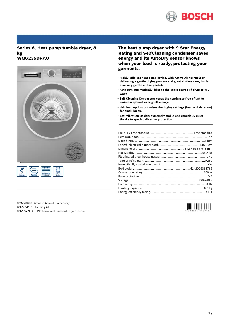 Page 1 de la notice Fiche technique Bosch WQG235DRAU
