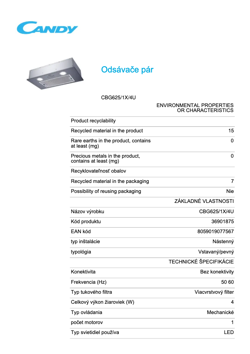 Page 1 de la notice Fiche technique Candy CBG625/1X/4U