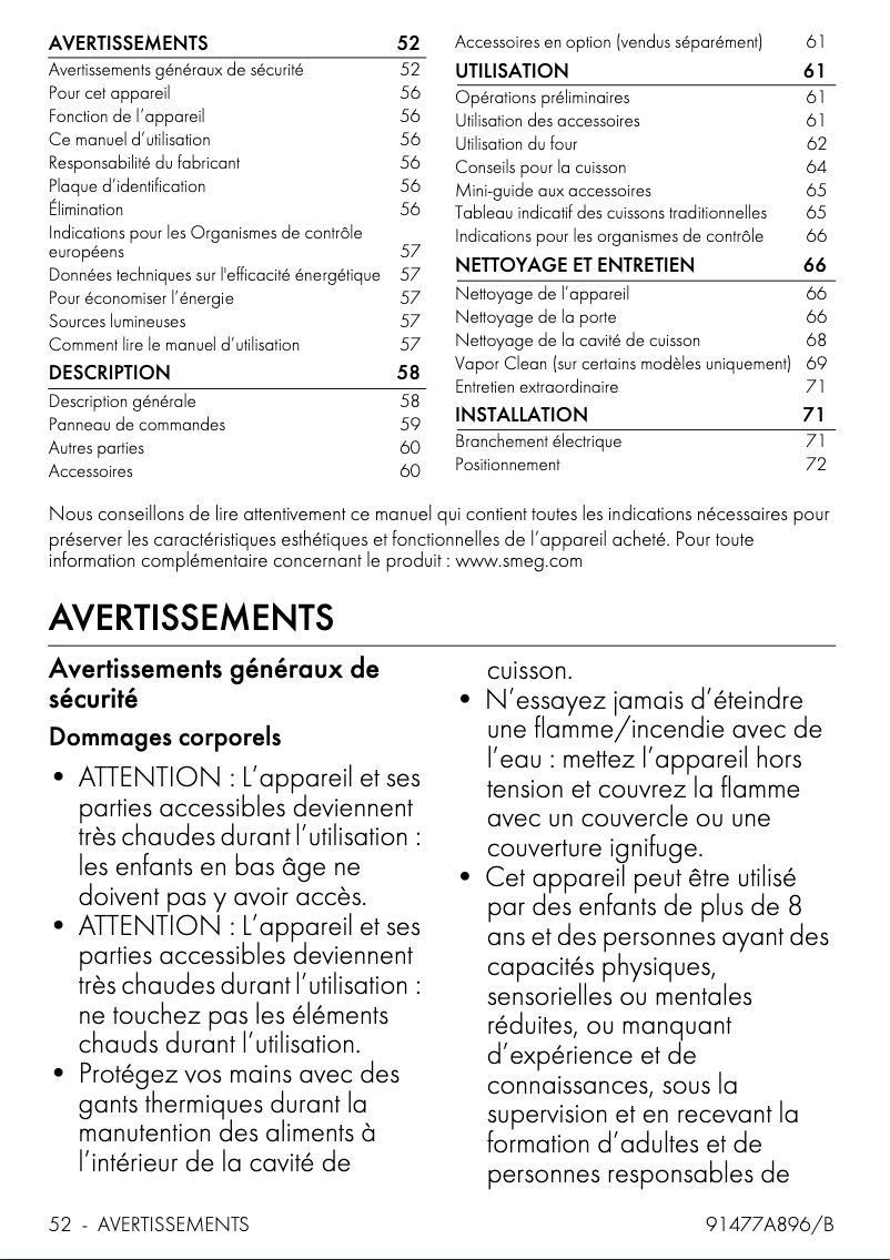 Page 1 de la notice Manuel utilisateur Smeg SF64M3TB