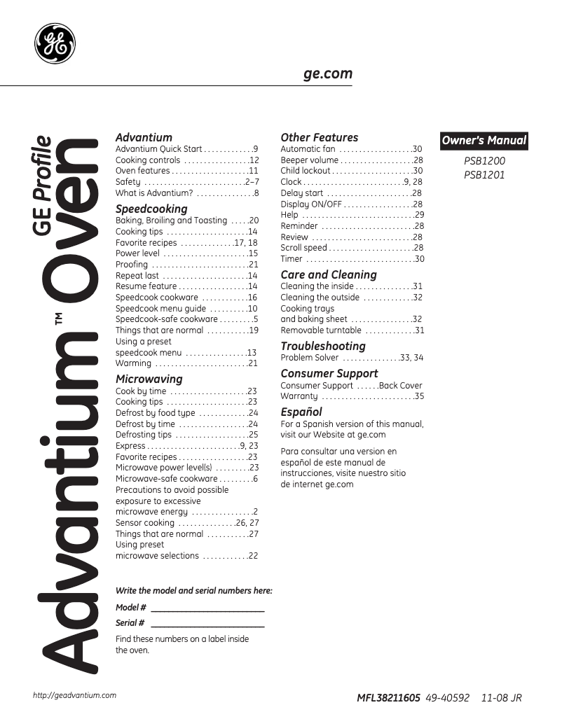 Page 1 de la notice Manuel utilisateur GE Advantium PSB1200