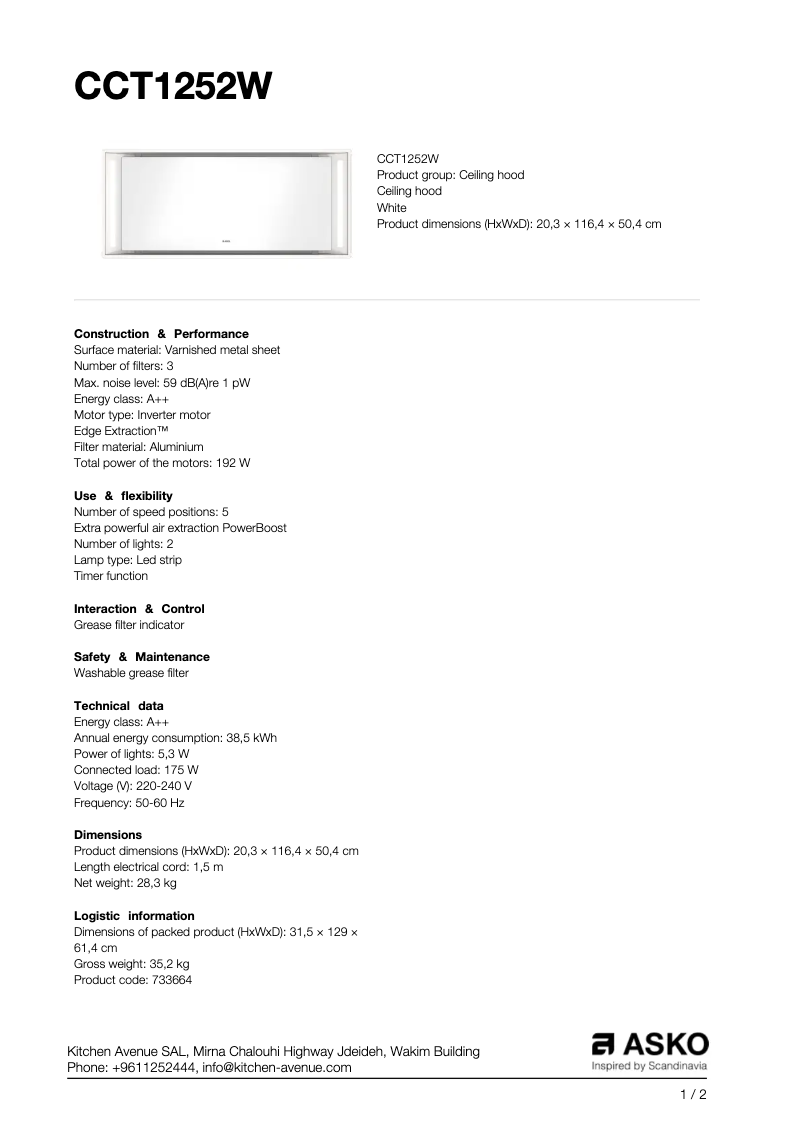 Page n°1 - Fiche technique Asko CCT1252W