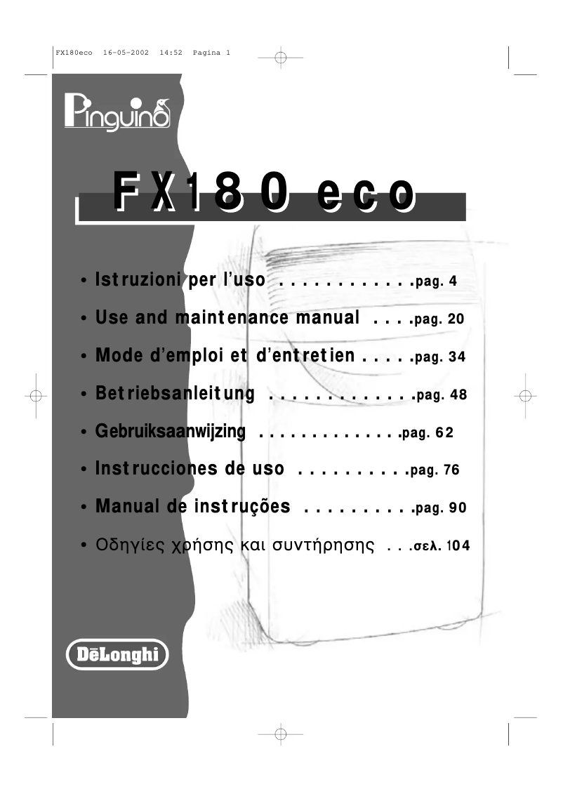 Page 1 de la notice Manuel utilisateur DeLonghi PAC FX180 ECO