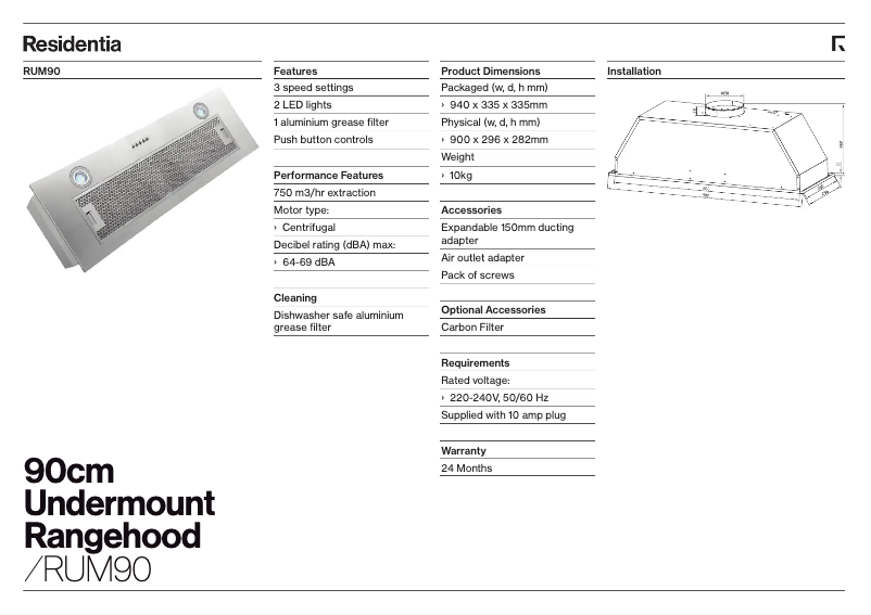 Page 1 de la notice Fiche technique Esatto RUM90