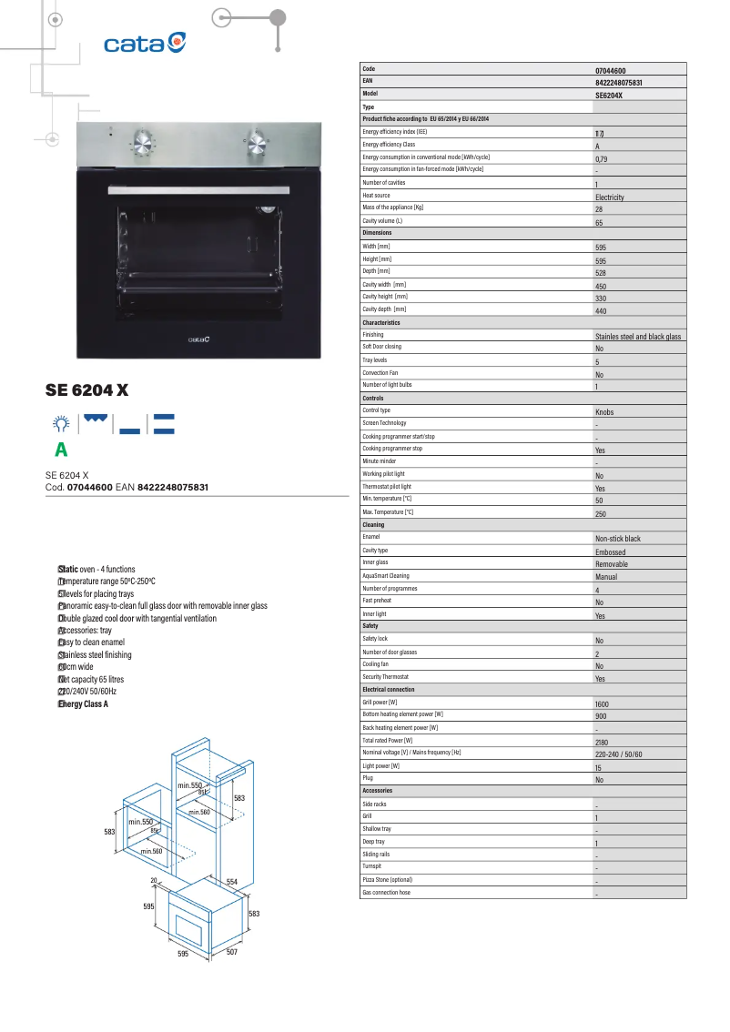 Page 1 de la notice Fiche technique CATA SE 6204 X