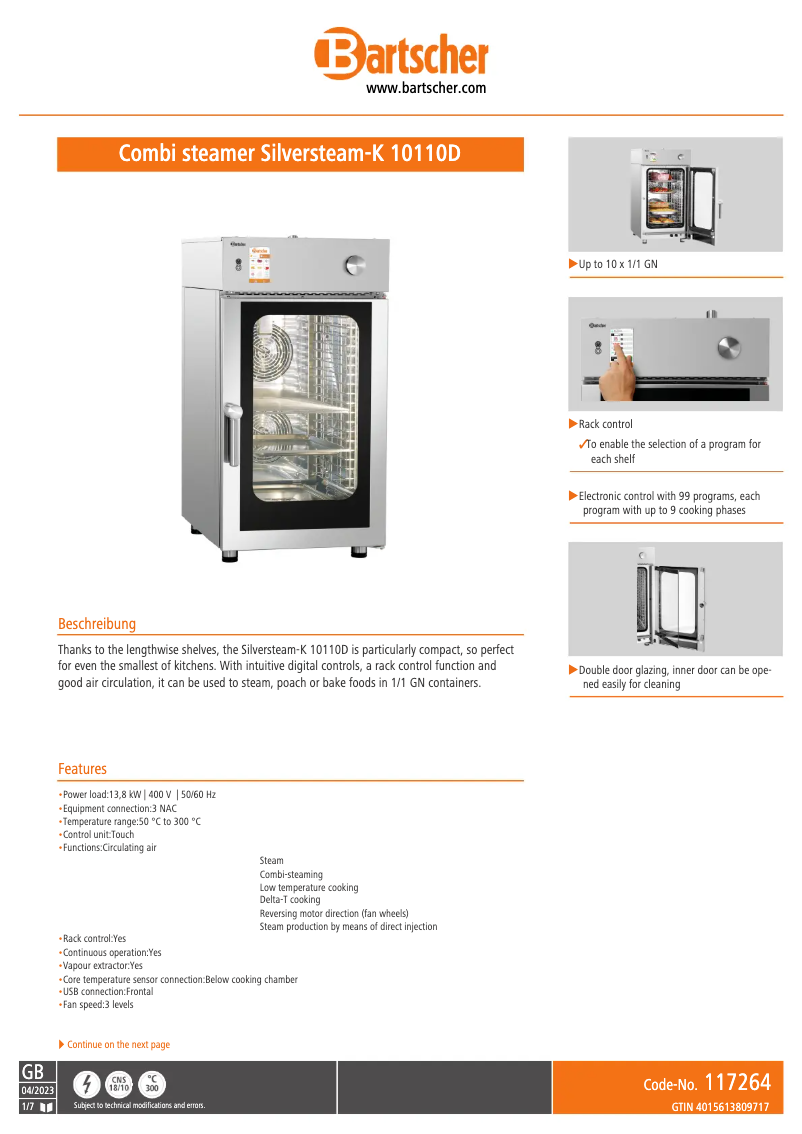 Page 1 de la notice Fiche technique Bartscher Silversteam-K 117264