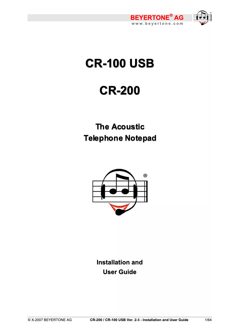 Page n°1 - Manuel utilisateur Beyertone CR-100 USB