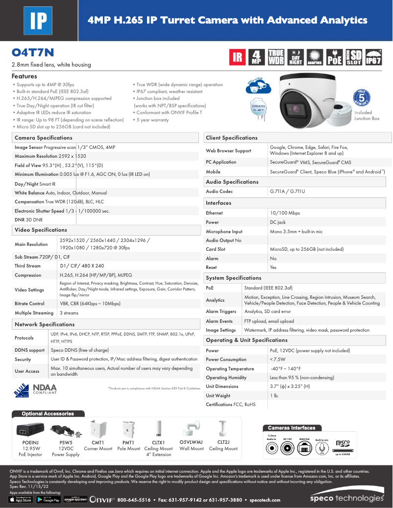 Page 1 de la notice Fiche technique Speco Technologies O4T7N