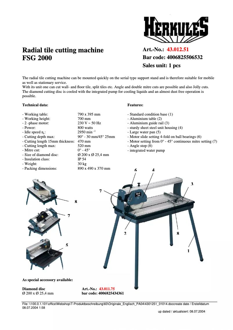 Page 1 de la notice Fiche technique Herkules FSG 2000
